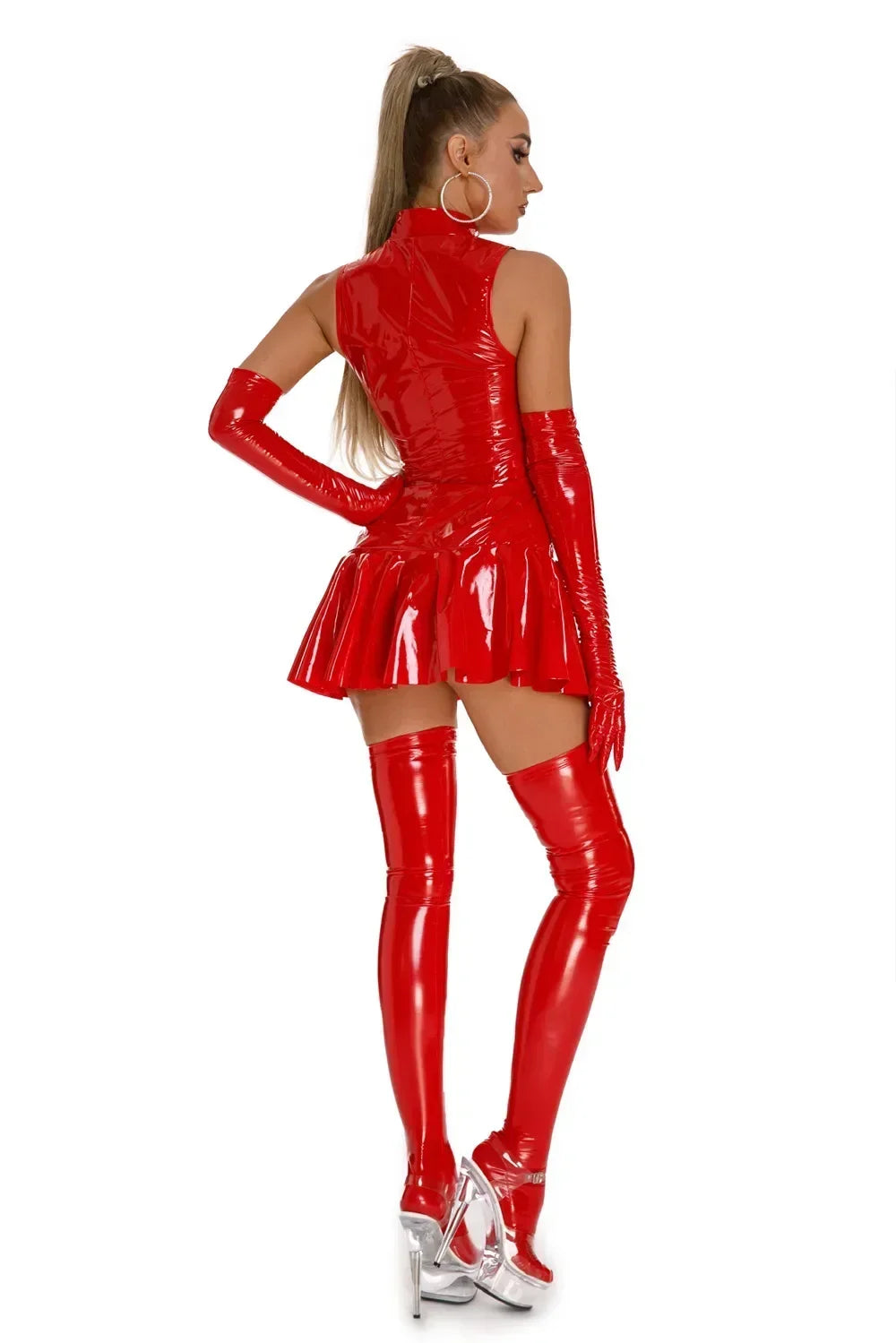 Minifalda Sexy de látex brillante para mujer, vestido de sombrilla de cuero de PVC brillante, sin mangas, con cremallera, para exponer el pecho, porno, talla grande