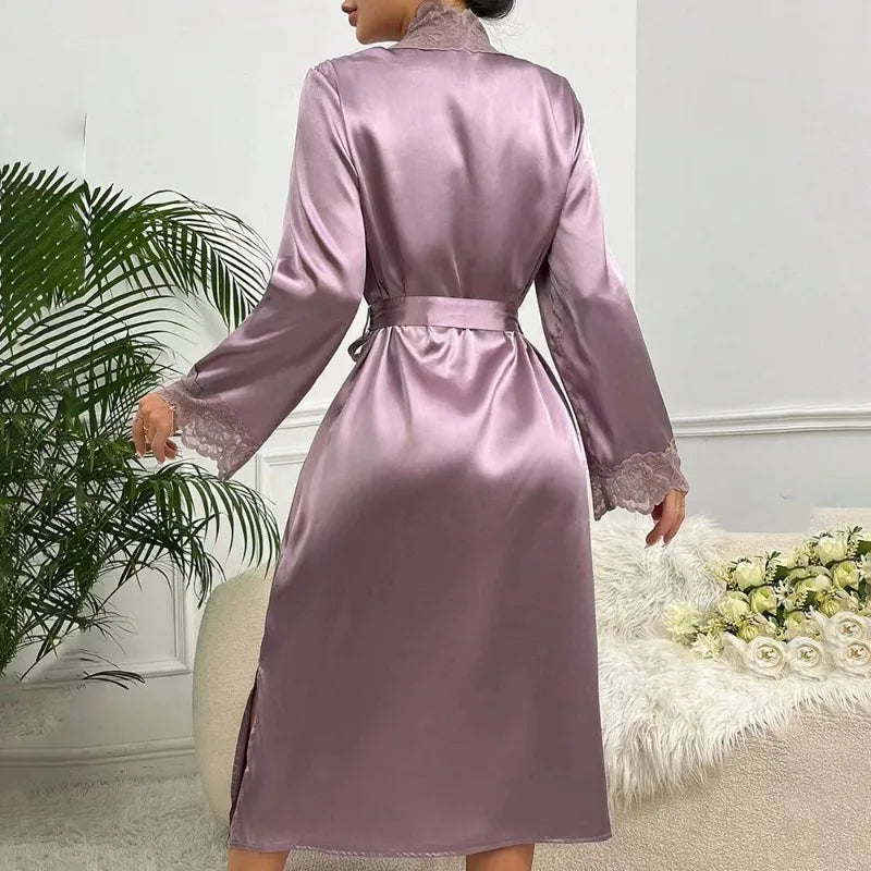 Camisón de satén de seda para mujer, bata de noche, lencería Sexy, ropa de dormir suave, bata de encaje suave, camisón, albornoz, pijamas para mujer
