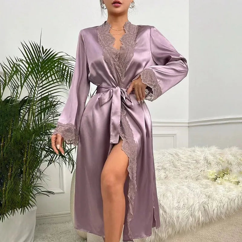 Camisón de satén de seda para mujer, bata de noche, lencería Sexy, ropa de dormir suave, bata de encaje suave, camisón, albornoz, pijamas para mujer