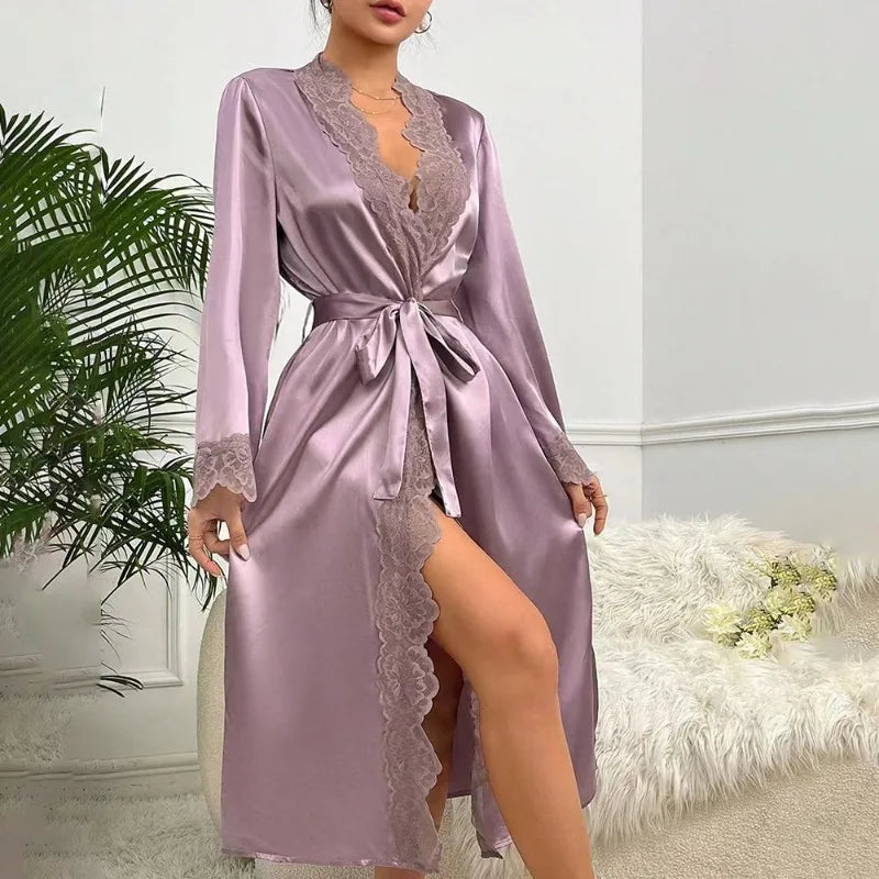 Camisón de satén de seda para mujer, bata de noche, lencería Sexy, ropa de dormir suave, bata de encaje suave, camisón, albornoz, pijamas para mujer