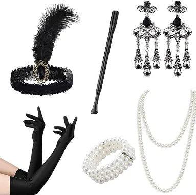 PESENAR-Juego de accesorios de los años 20, 7 Uds., diadema, collar, guantes, soporte, pendientes, pulsera, abanico plegable para fiesta rugiente
