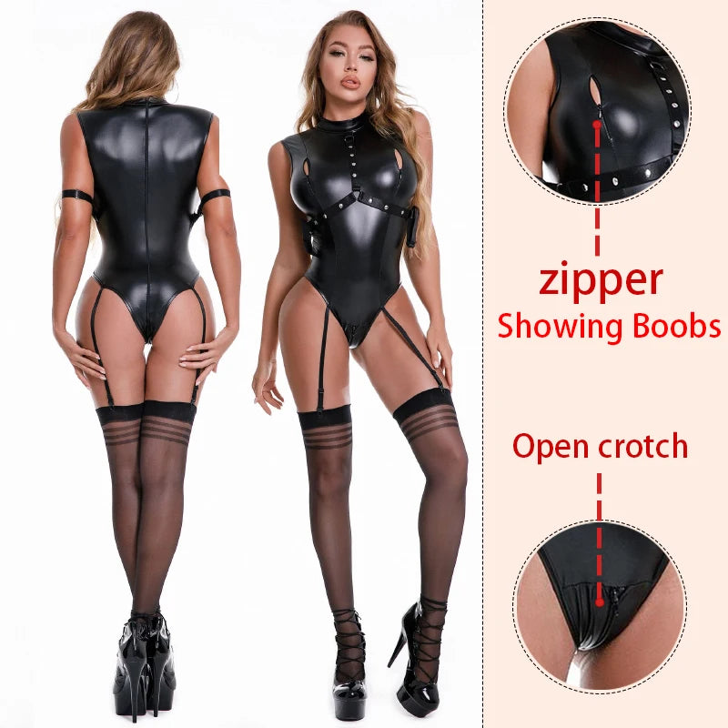Body de Cuero Brillante con Cremallera para Mujer - Sexy y Erótico