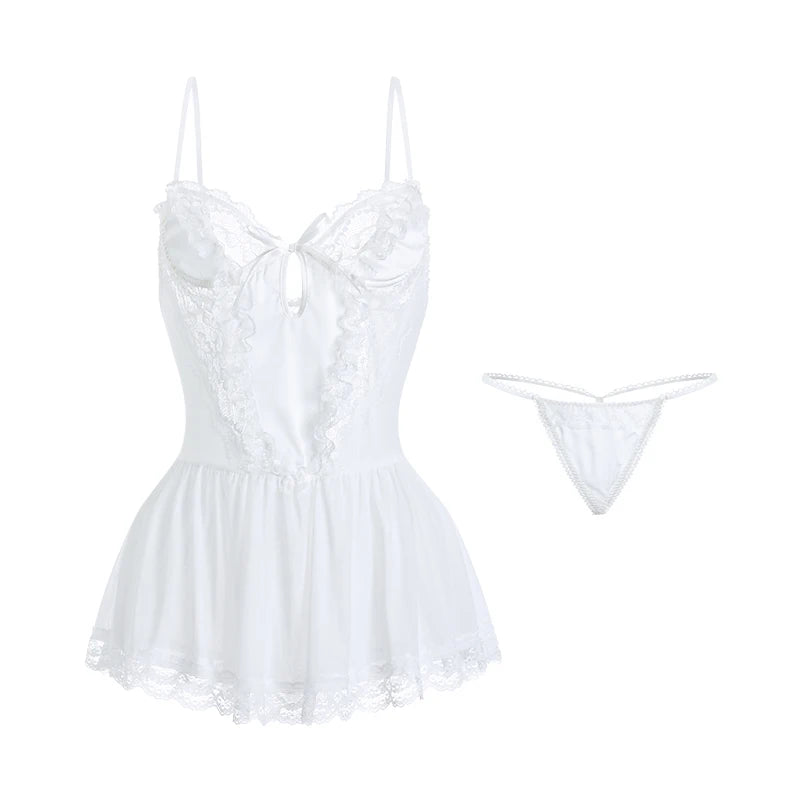 Appeal Mesh Cloth Temptation Sweet Solid Color Slip Nightdress Robe Set Y Underwear