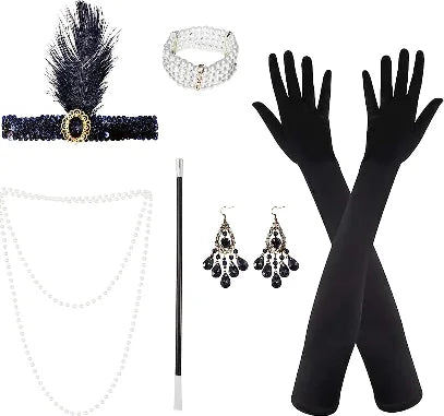 PESENAR-Juego de accesorios de los años 20, 7 Uds., diadema, collar, guantes, soporte, pendientes, pulsera, abanico plegable para fiesta rugiente