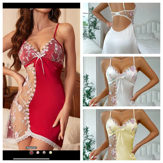 Camisón camisero con escote en V profundo de malla bordada transparente y satén – Sensation Viral TikTok en UE/EE. UU.