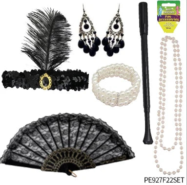 PESENAR-Juego de accesorios de los años 20, 7 Uds., diadema, collar, guantes, soporte, pendientes, pulsera, abanico plegable para fiesta rugiente