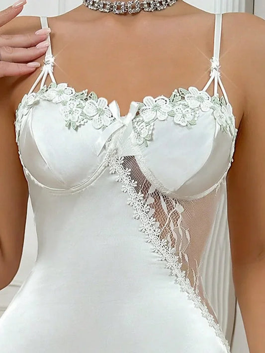 Ropa de dormir sexy para mujer, camisón de encaje, cuello en V, sin mangas, encaje, satén de seda, ropa de dormir, camisas de dormir, ropa de dormir