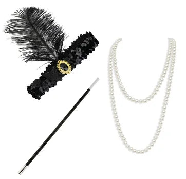 PESENAR-Juego de accesorios de los años 20, 7 Uds., diadema, collar, guantes, soporte, pendientes, pulsera, abanico plegable para fiesta rugiente