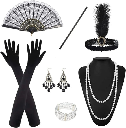 PESENAR-Juego de accesorios de los años 20, 7 Uds., diadema, collar, guantes, soporte, pendientes, pulsera, abanico plegable para fiesta rugiente