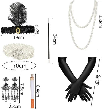 PESENAR-Juego de accesorios de los años 20, 7 Uds., diadema, collar, guantes, soporte, pendientes, pulsera, abanico plegable para fiesta rugiente
